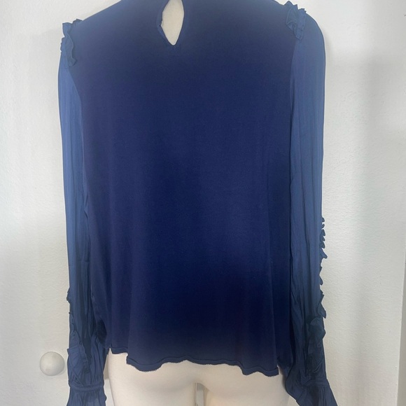 Loft mixed media ruffle sleeve top navy blue round neck puff shoulders medium - Picture 7 of 7